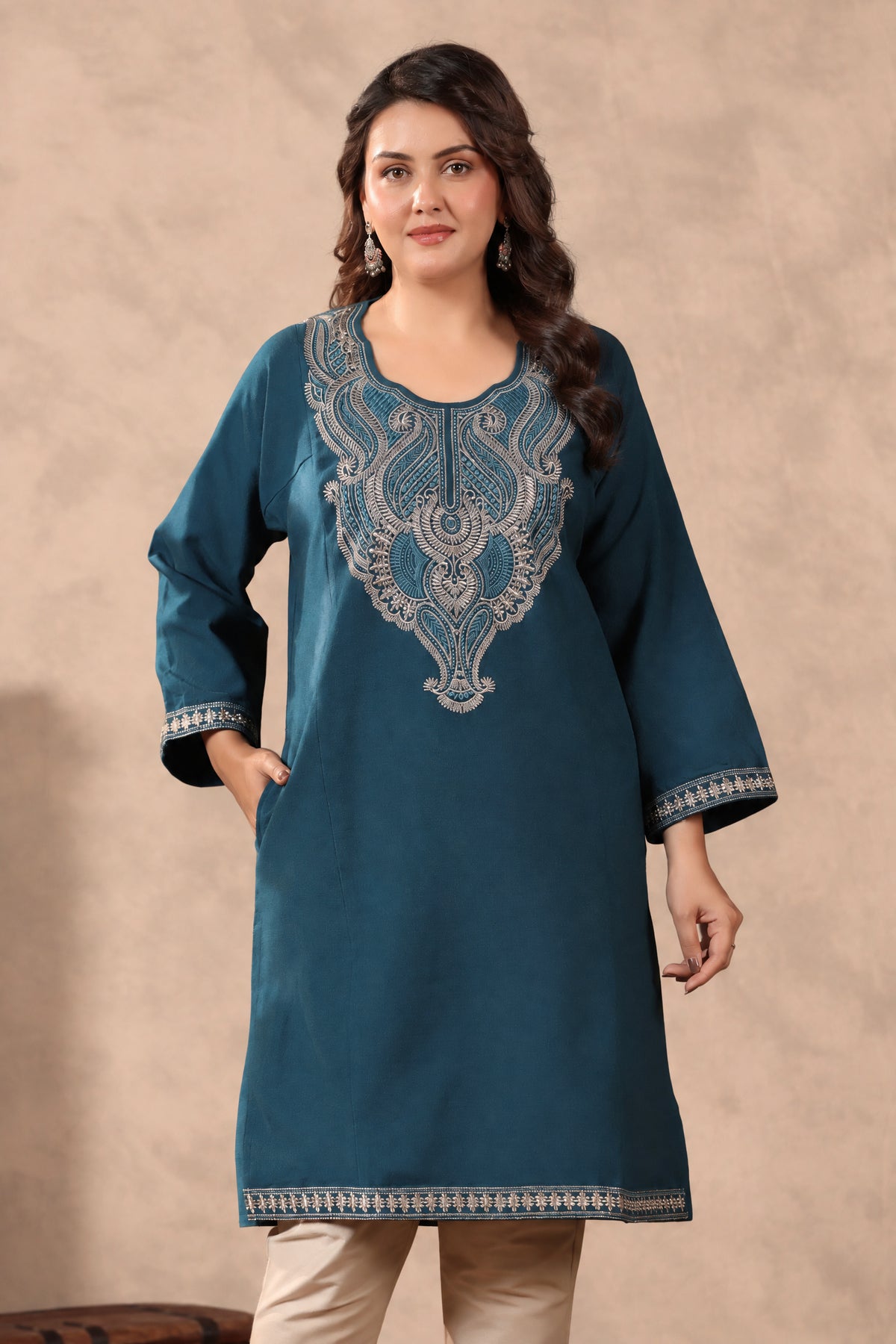 Heavy Zari Embroidery Kashmiri Pheran | Peacock Blue
