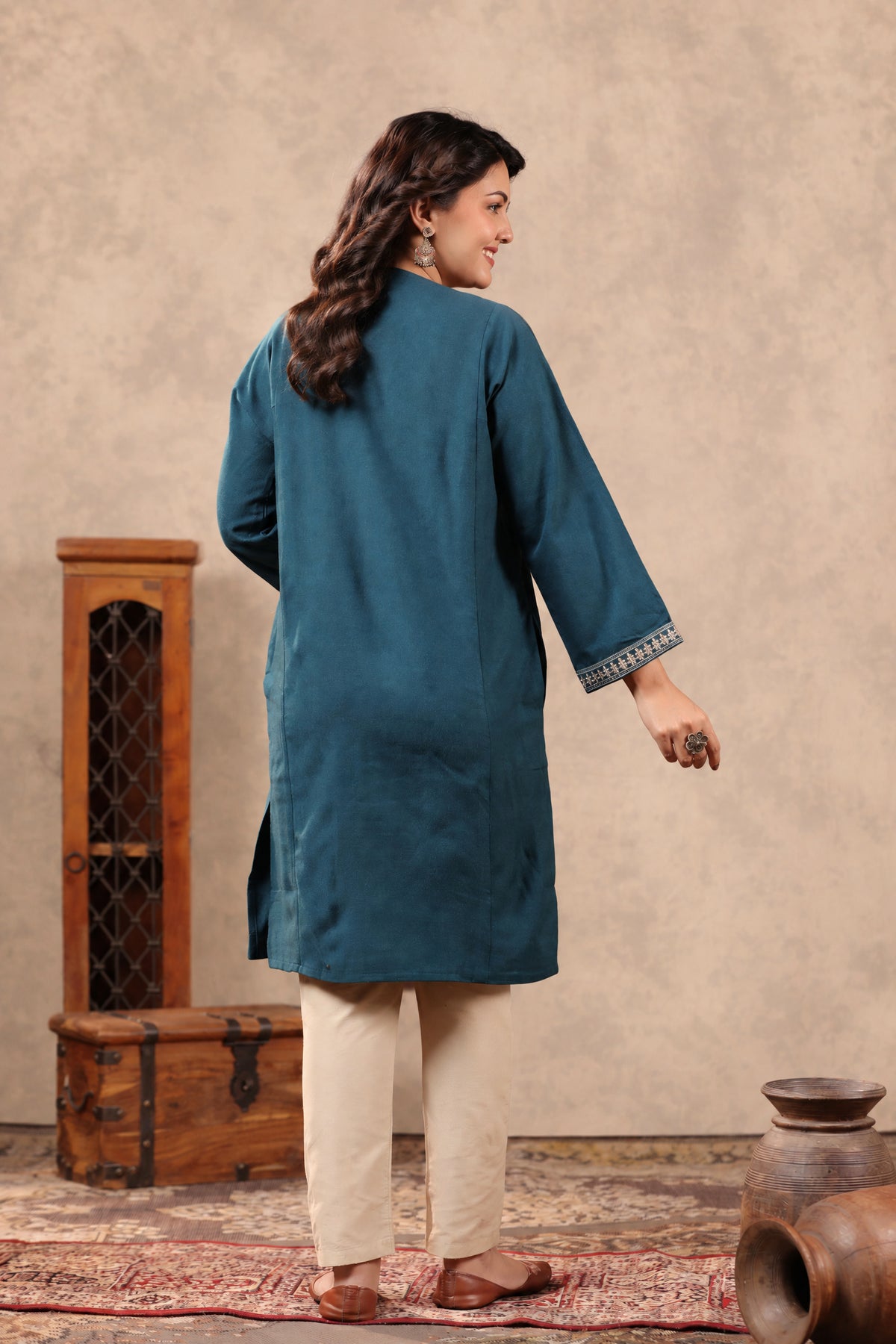 Heavy Zari Embroidery Kashmiri Pheran | Peacock Blue - view 2