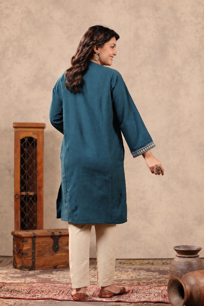 Heavy Zari Embroidery Kashmiri Pheran | Peacock Blue - view 2