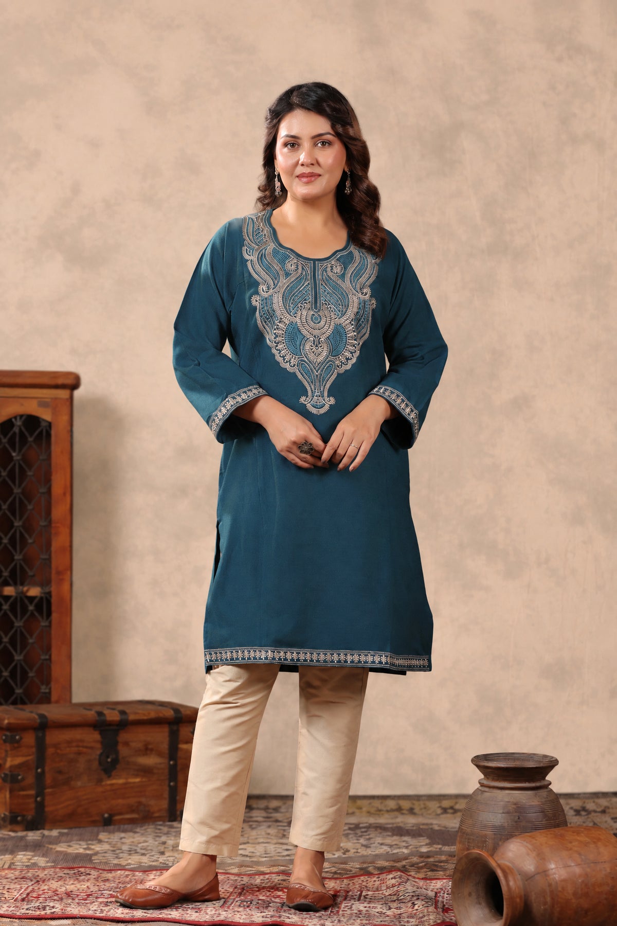 Heavy Zari Embroidery Kashmiri Pheran | Peacock Blue - view 3