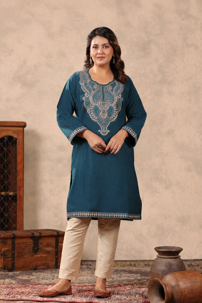 Heavy Zari Embroidery Kashmiri Pheran | Peacock Blue - view 3