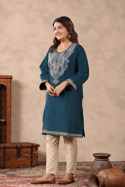 Heavy Zari Embroidery Kashmiri Pheran | Peacock Blue - view 4