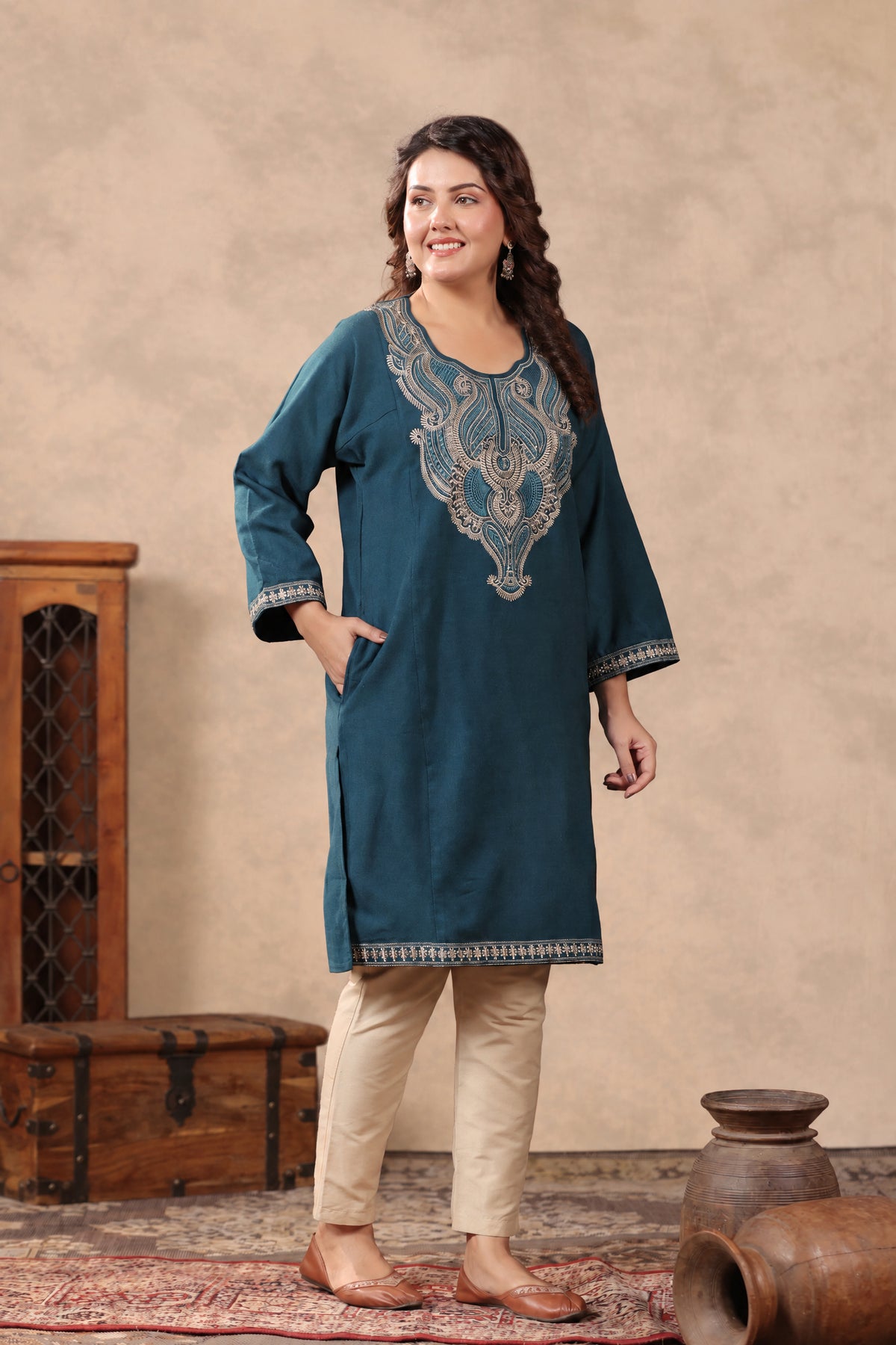Heavy Zari Embroidery Kashmiri Pheran | Peacock Blue - view 5