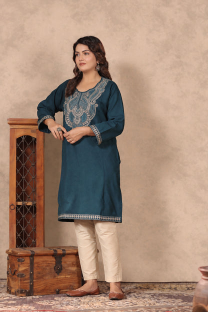 Heavy Zari Embroidery Kashmiri Pheran | Peacock Blue - view 6
