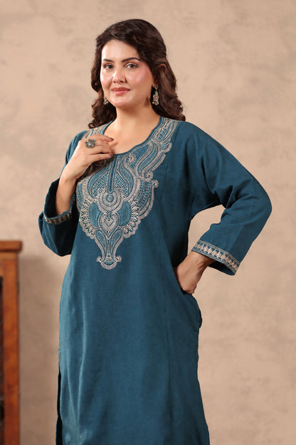 Heavy Zari Embroidery Kashmiri Pheran | Peacock Blue - view 7