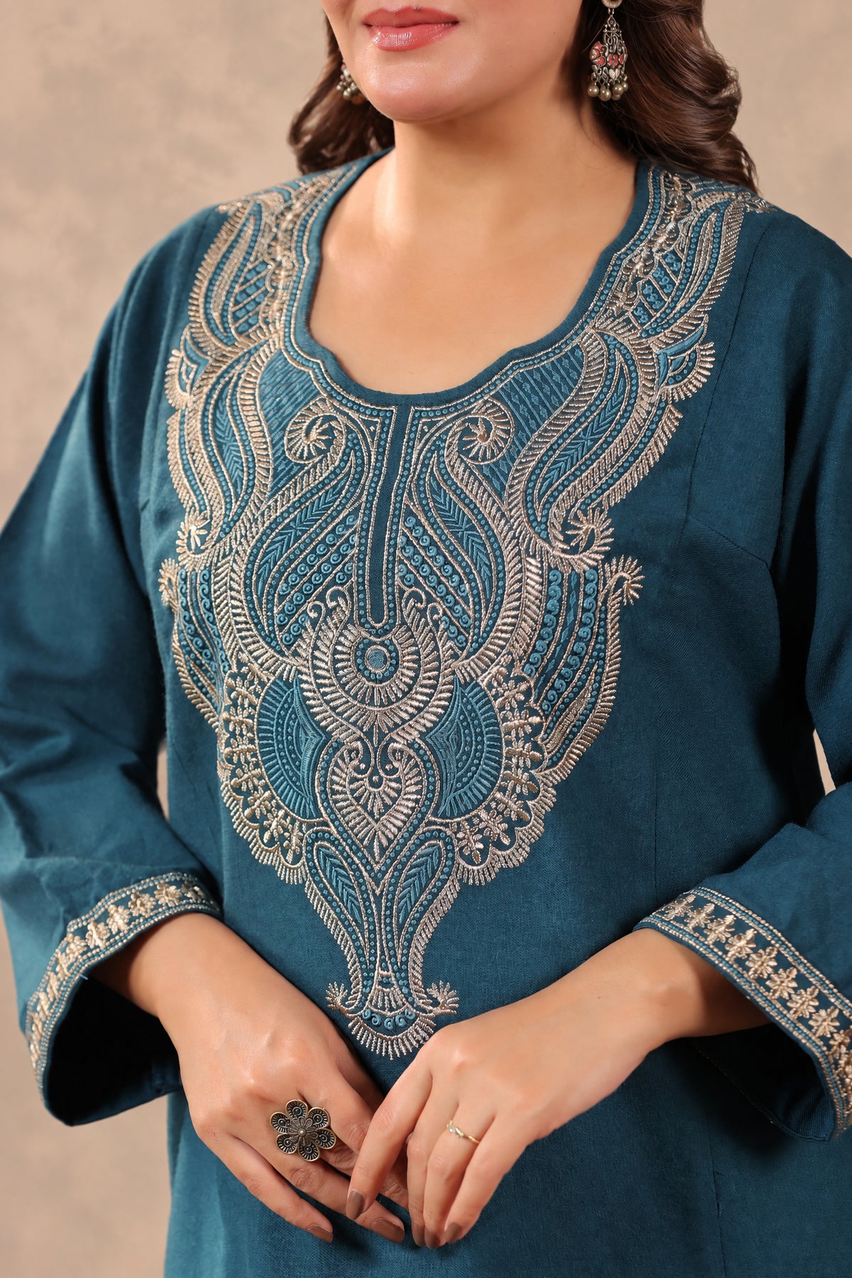 Heavy Zari Embroidery Kashmiri Pheran | Peacock Blue - view 8
