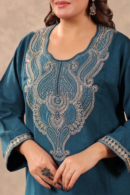 Heavy Zari Embroidery Kashmiri Pheran | Peacock Blue - view 8