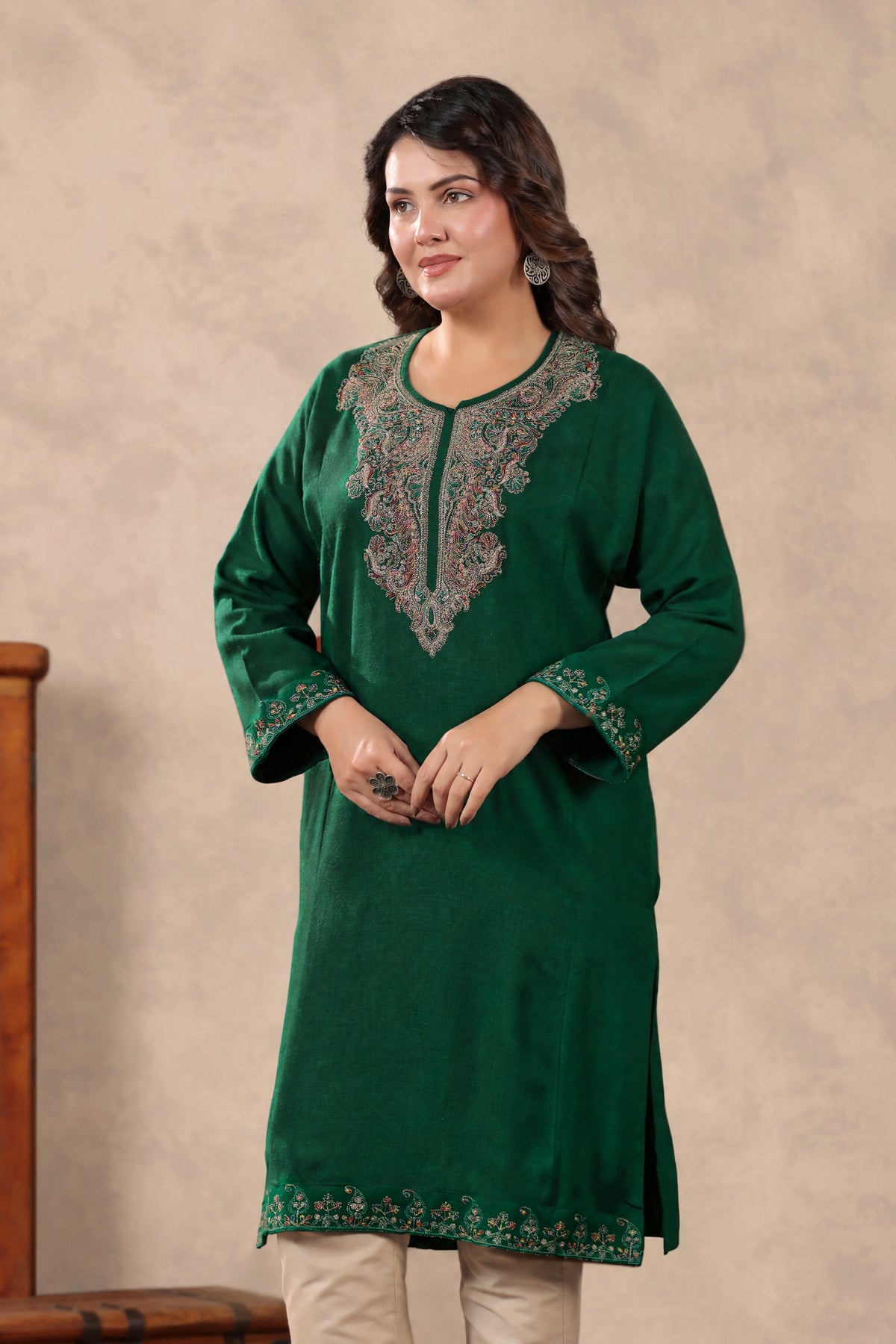 Zari & Multicolor Embroidery Kashmiri Pheran | Bottle Green