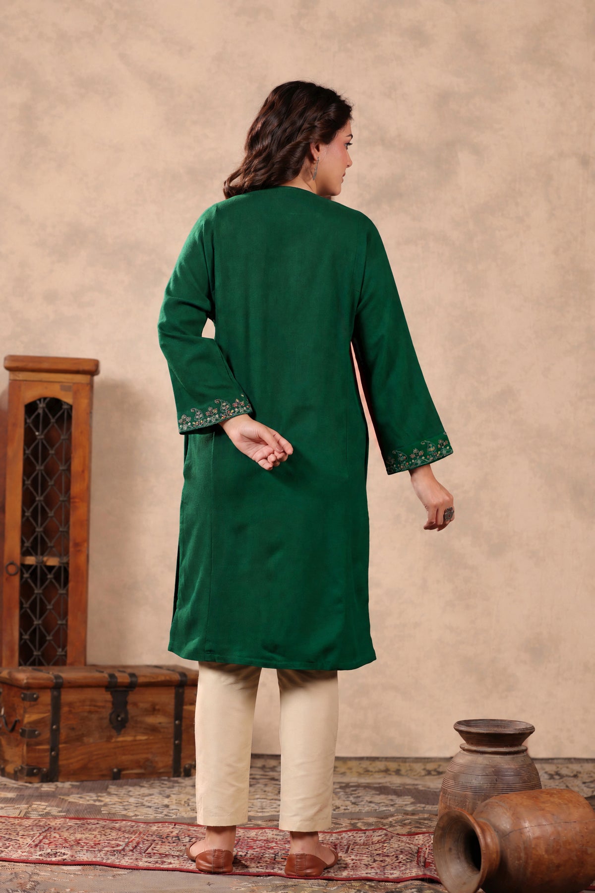Zari & Multicolor Embroidery Kashmiri Pheran | Bottle Green - view 2