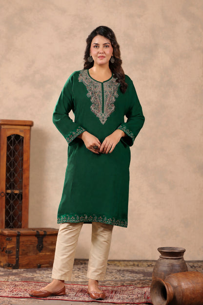 Zari & Multicolor Embroidery Kashmiri Pheran | Bottle Green - view 3
