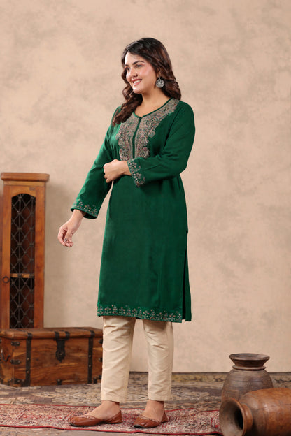 Zari & Multicolor Embroidery Kashmiri Pheran | Bottle Green - view 4