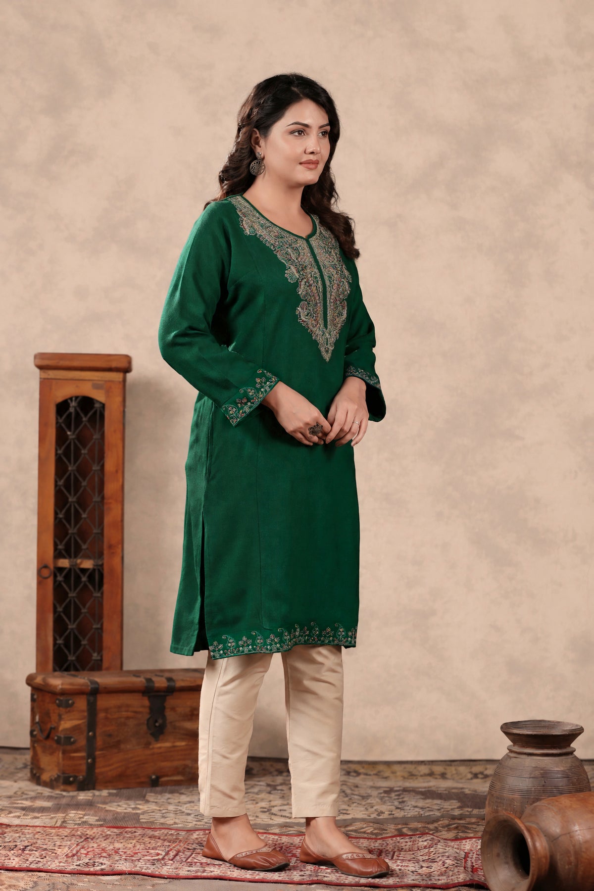 Zari & Multicolor Embroidery Kashmiri Pheran | Bottle Green - view 5
