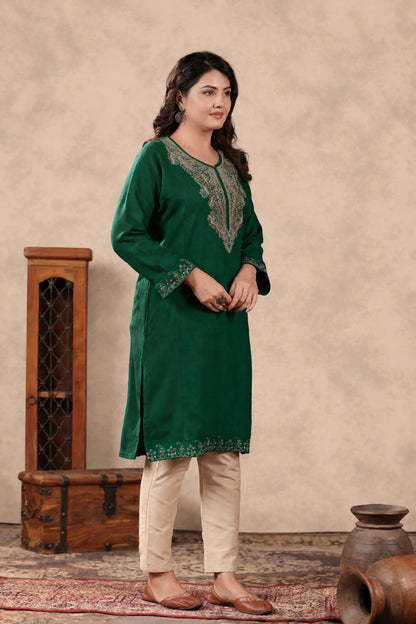 Zari & Multicolor Embroidery Kashmiri Pheran | Bottle Green - view 5