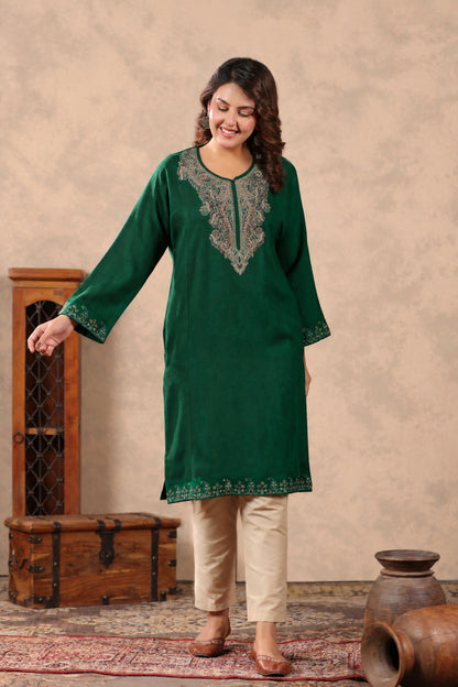 Zari & Multicolor Embroidery Kashmiri Pheran | Bottle Green - view 6