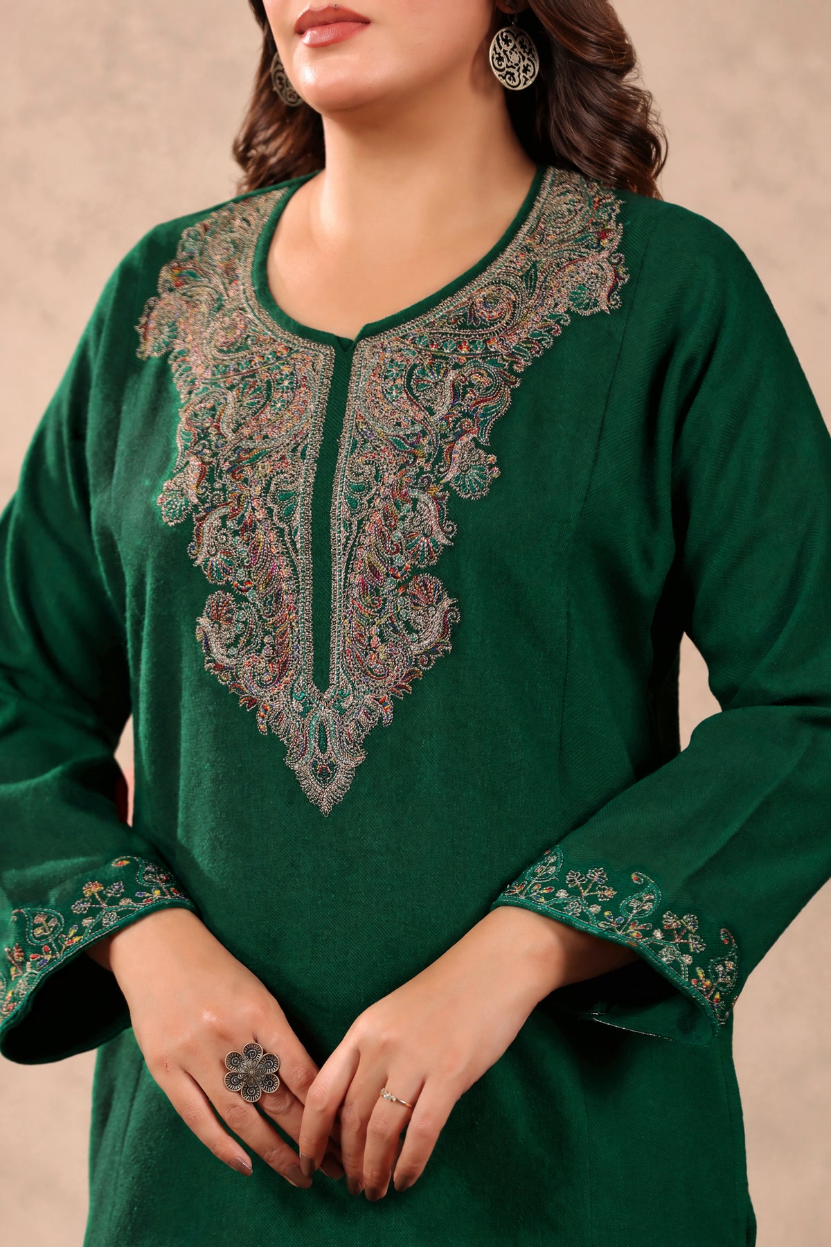Zari & Multicolor Embroidery Kashmiri Pheran | Bottle Green - view 7