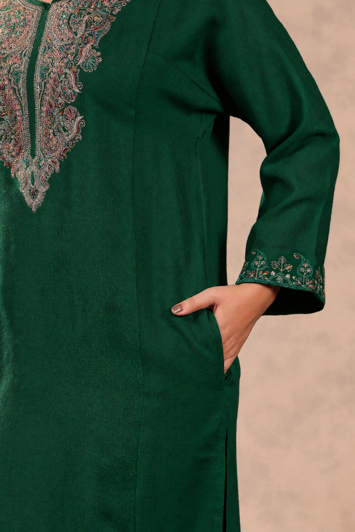 Zari & Multicolor Embroidery Kashmiri Pheran | Bottle Green - view 8