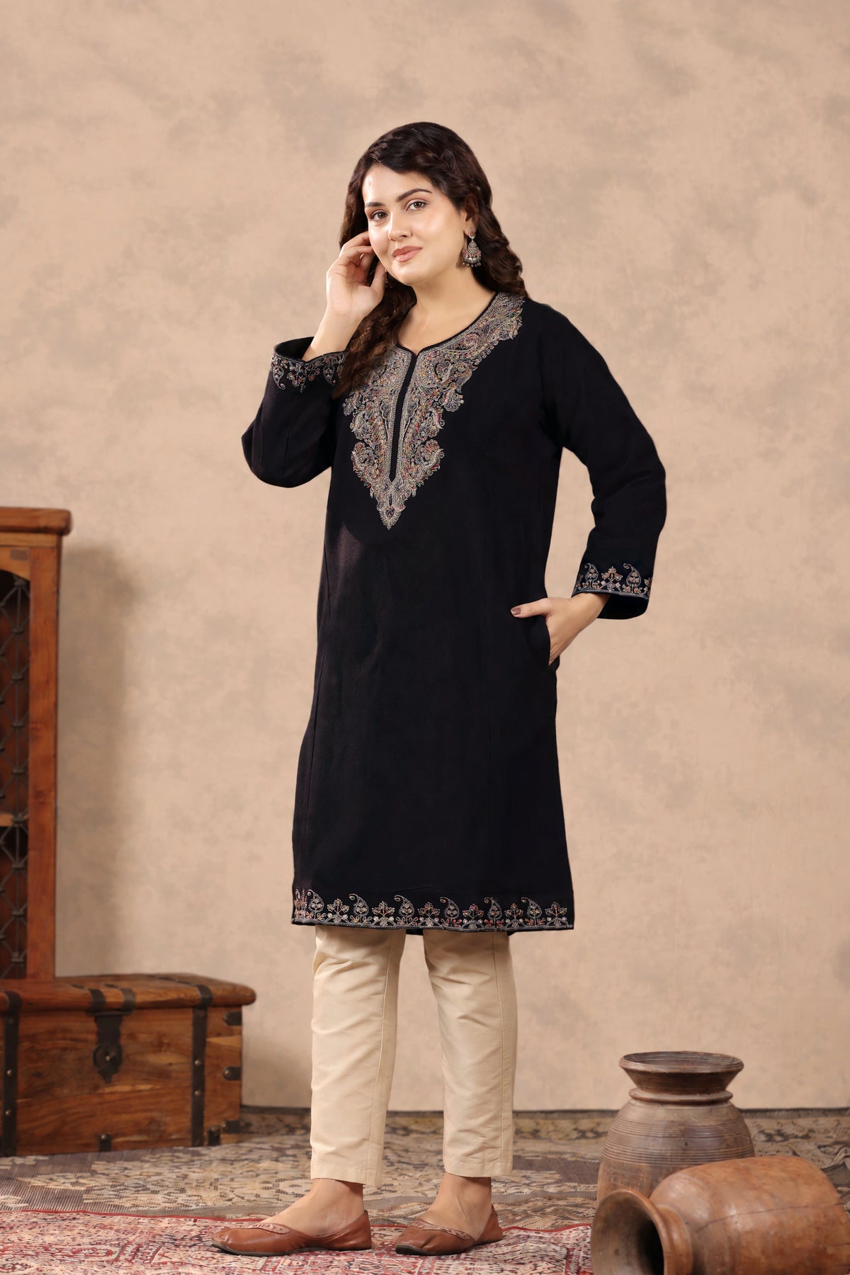Zari & Multicolor Embroidery Kashmiri Pheran | Black - view 3