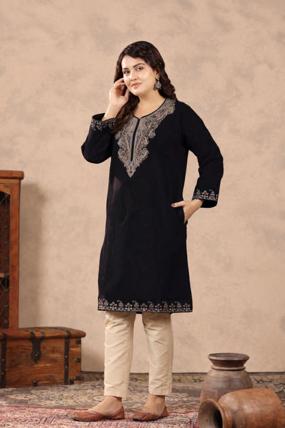 Zari & Multicolor Embroidery Kashmiri Pheran | Black - view 3