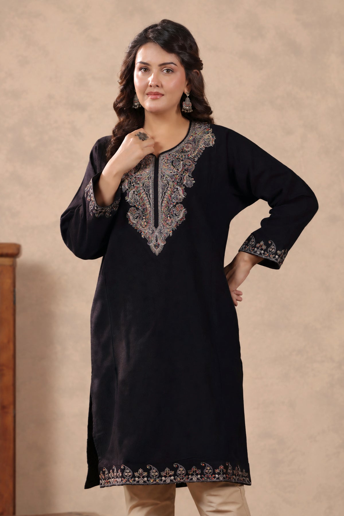 Zari & Multicolor Embroidery Kashmiri Pheran | Black - view 5