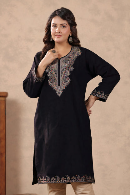 Zari & Multicolor Embroidery Kashmiri Pheran | Black - view 5