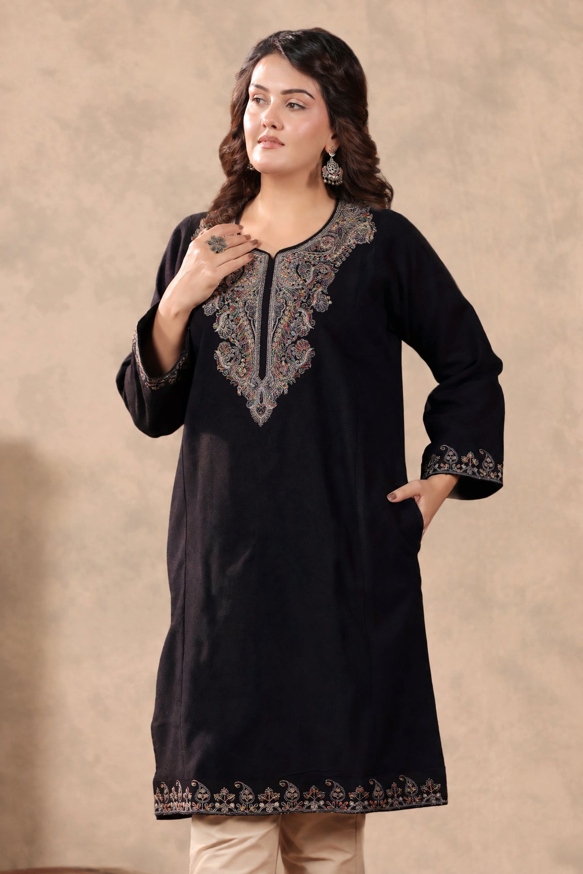 Zari & Multicolor Embroidery Kashmiri Pheran | Black - view 6