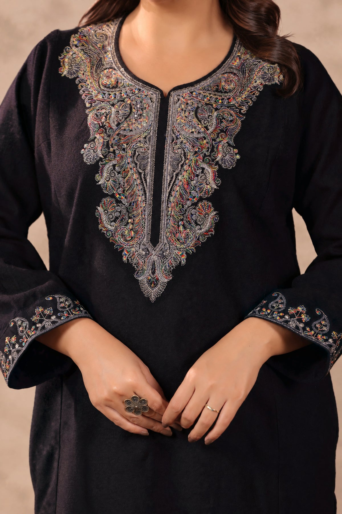 Zari & Multicolor Embroidery Kashmiri Pheran | Black - view 7