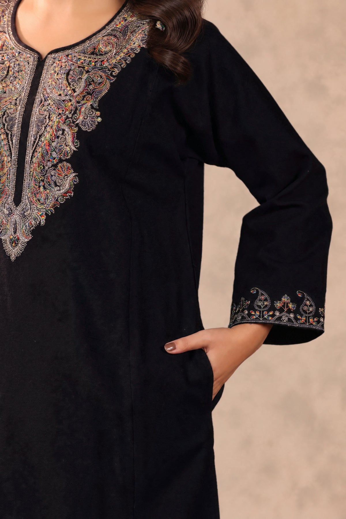 Zari & Multicolor Embroidery Kashmiri Pheran | Black - view 8