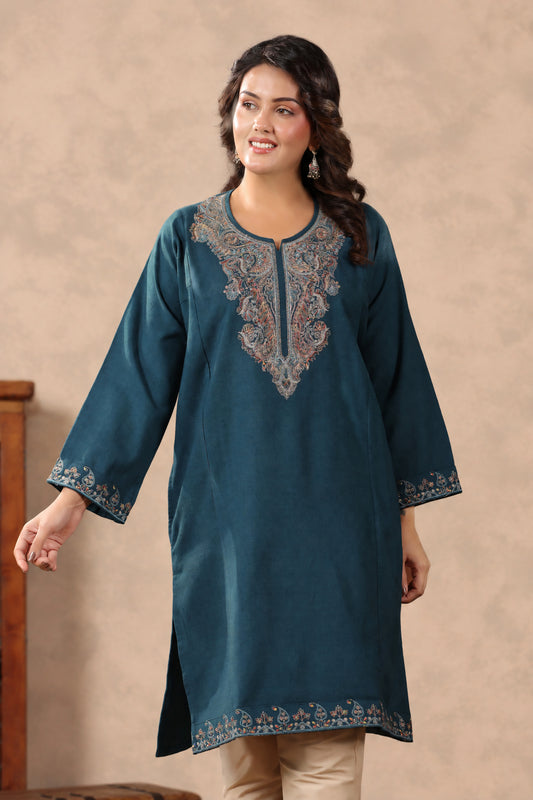 Zari & Multicolor Embroidery Kashmiri Pheran | Peacock Blue