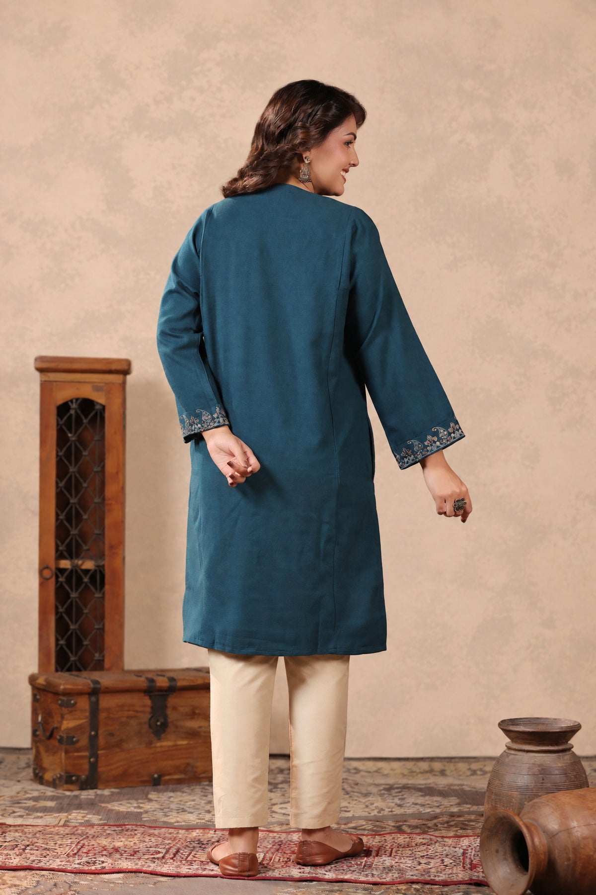 Zari & Multicolor Embroidery Kashmiri Pheran | Peacock Blue - view 2