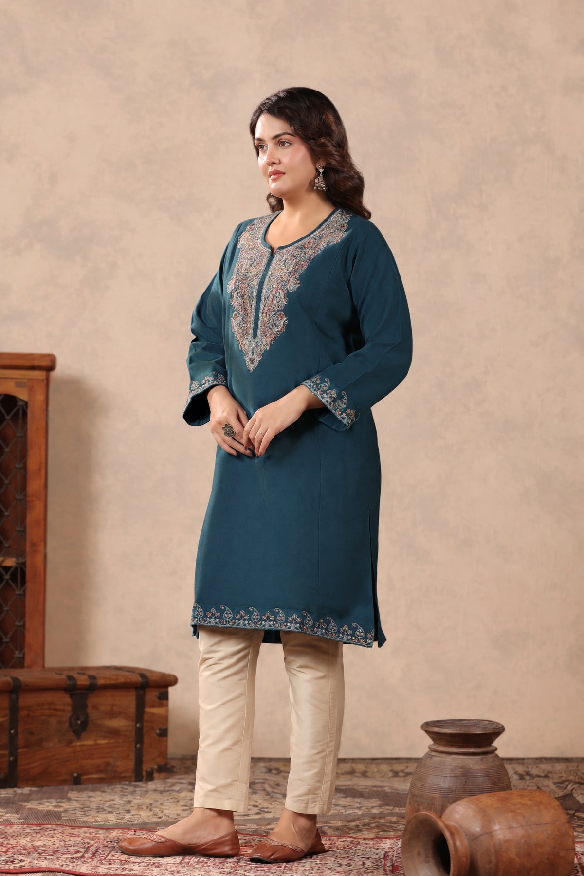 Zari & Multicolor Embroidery Kashmiri Pheran | Peacock Blue - view 3