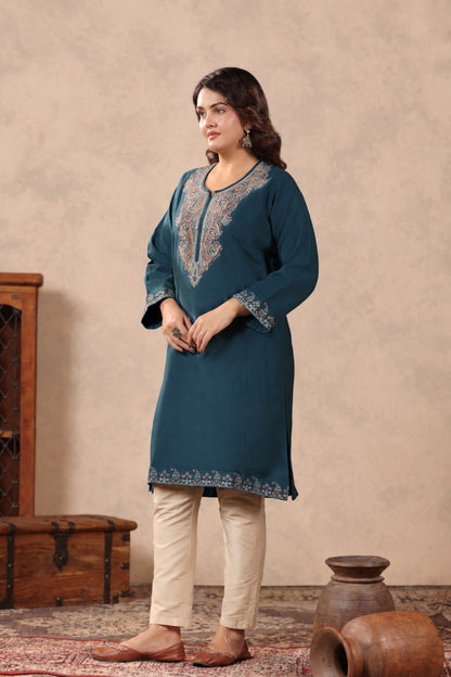 Zari & Multicolor Embroidery Kashmiri Pheran | Peacock Blue - view 3