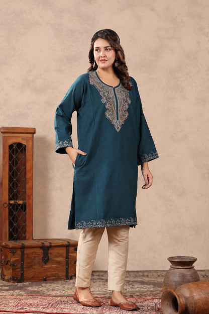 Zari & Multicolor Embroidery Kashmiri Pheran | Peacock Blue - view 4