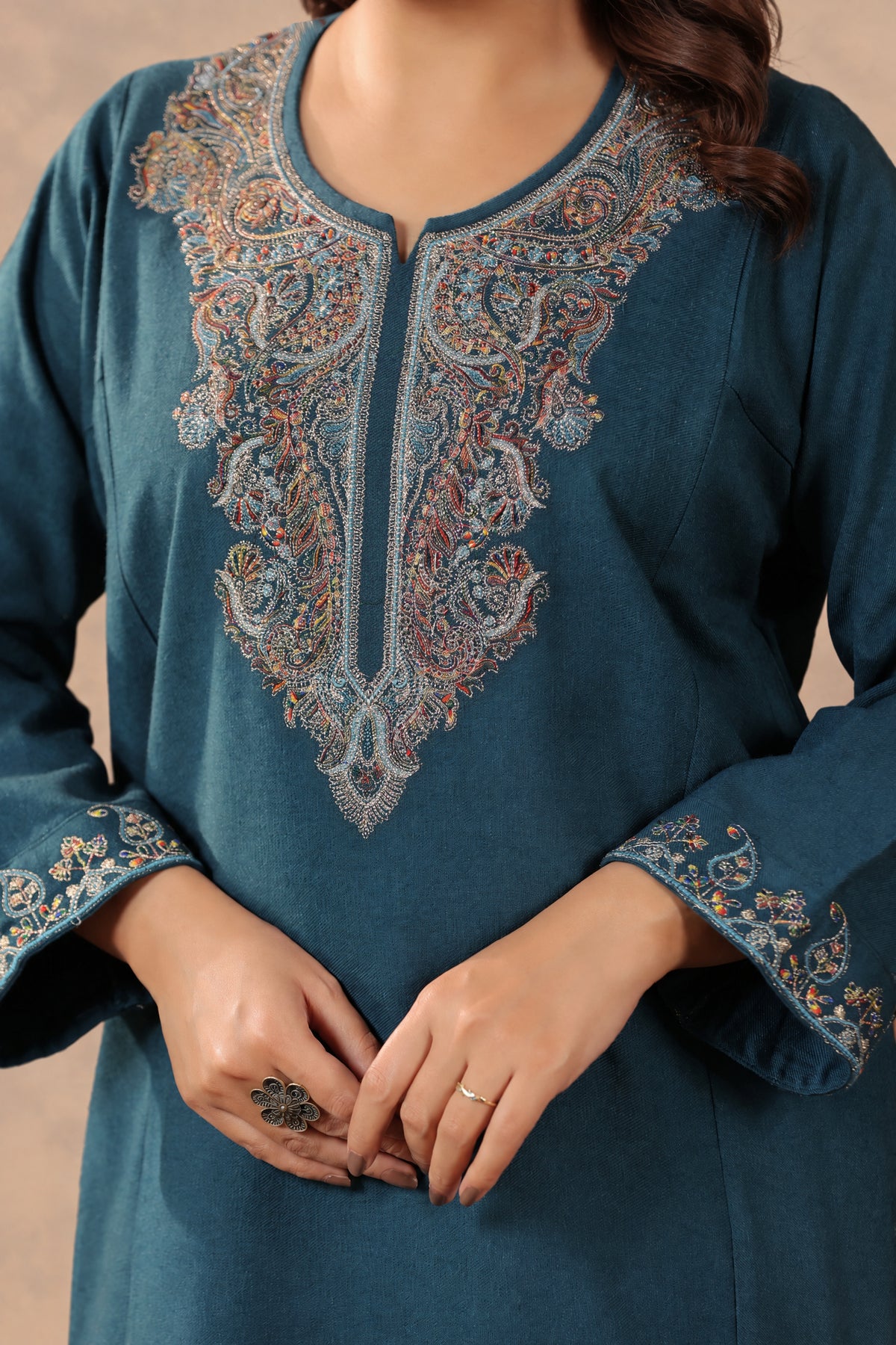 Zari & Multicolor Embroidery Kashmiri Pheran | Peacock Blue - view 5