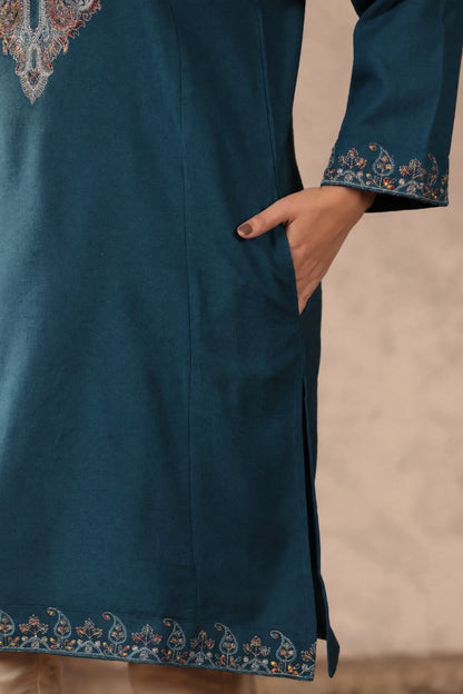 Zari & Multicolor Embroidery Kashmiri Pheran | Peacock Blue - view 6