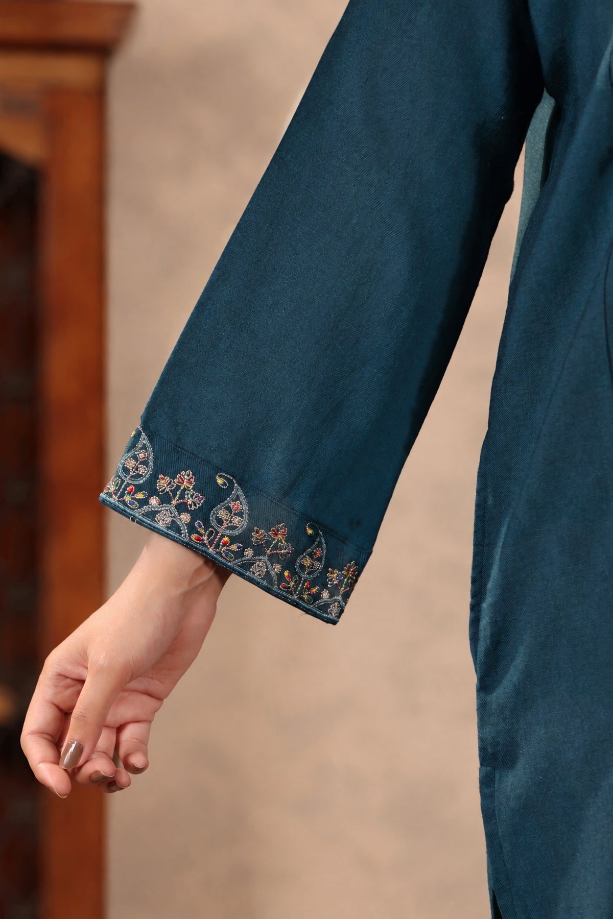 Zari & Multicolor Embroidery Kashmiri Pheran | Peacock Blue - view 7