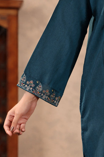 Zari & Multicolor Embroidery Kashmiri Pheran | Peacock Blue - view 7