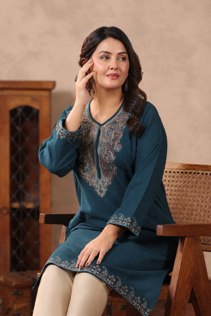 Zari & Multicolor Embroidery Kashmiri Pheran | Peacock Blue - view 8