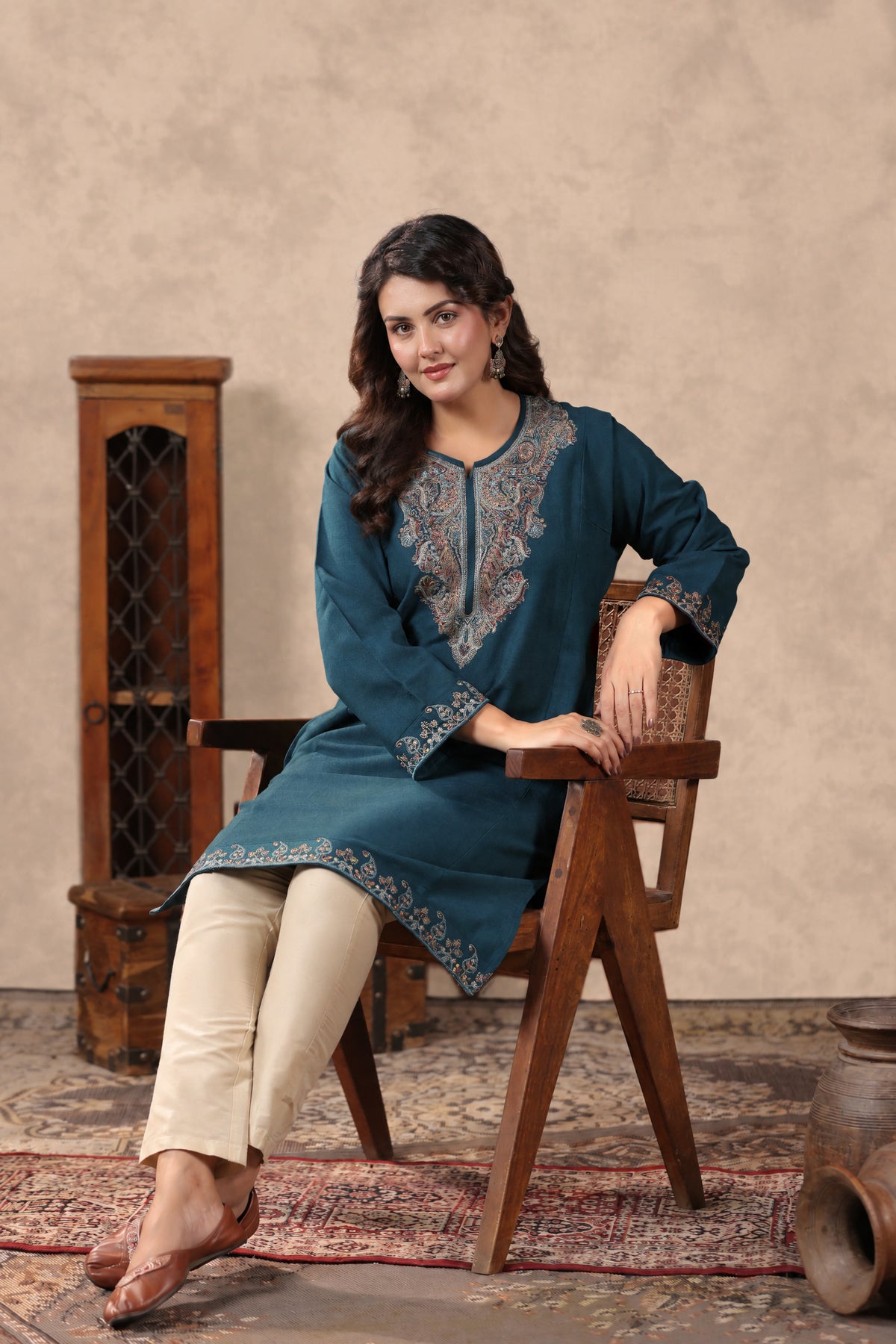 Zari & Multicolor Embroidery Kashmiri Pheran | Peacock Blue - view 9