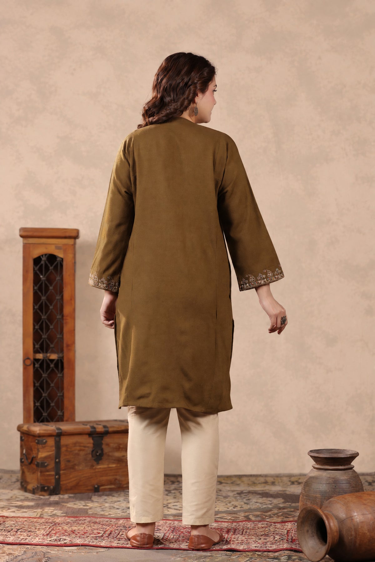 Zari & Multicolor Embroidery Kashmiri Pheran | Tobacco Brown - view 2