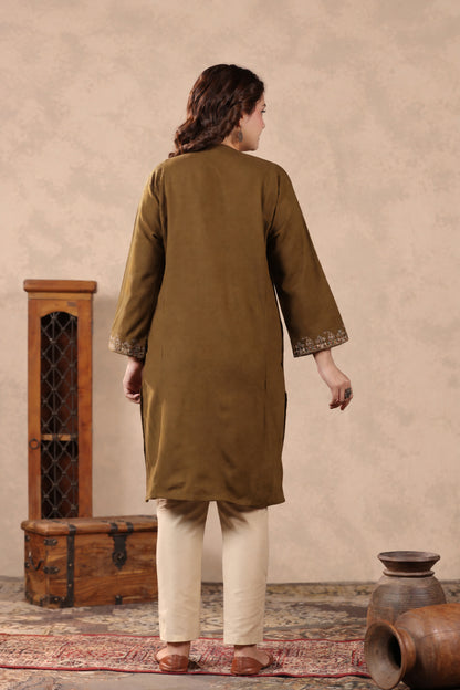 Zari & Multicolor Embroidery Kashmiri Pheran | Tobacco Brown - view 2