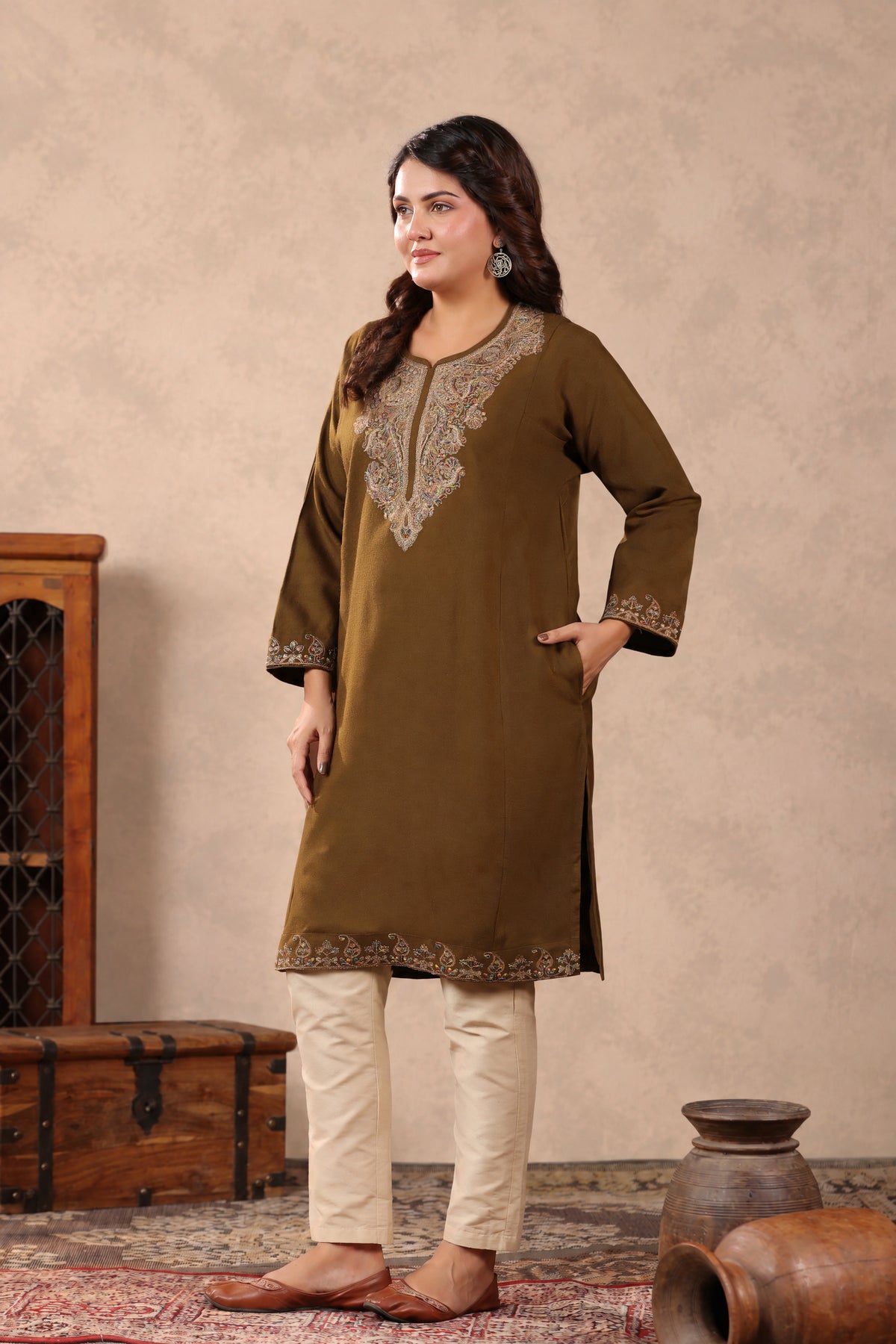 Zari & Multicolor Embroidery Kashmiri Pheran | Tobacco Brown - view 3