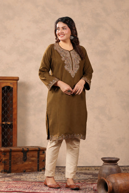 Zari & Multicolor Embroidery Kashmiri Pheran | Tobacco Brown - view 4