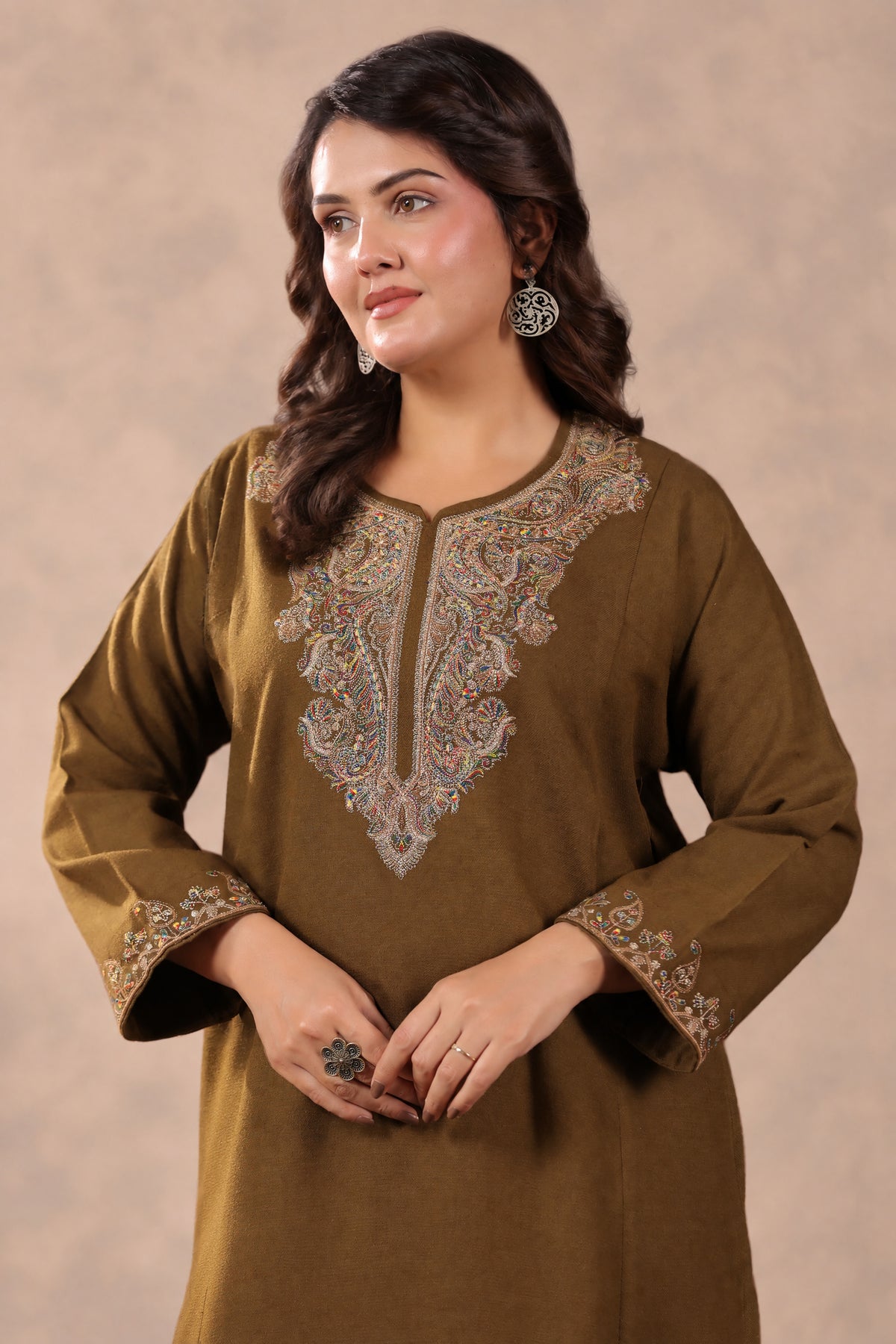 Zari & Multicolor Embroidery Kashmiri Pheran | Tobacco Brown - view 5