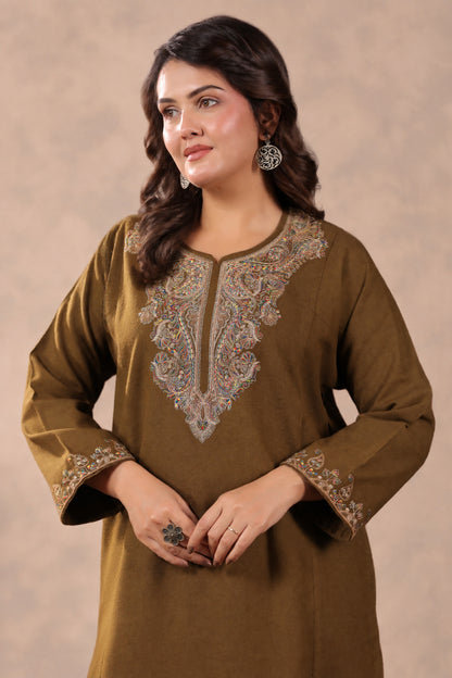 Zari & Multicolor Embroidery Kashmiri Pheran | Tobacco Brown - view 5
