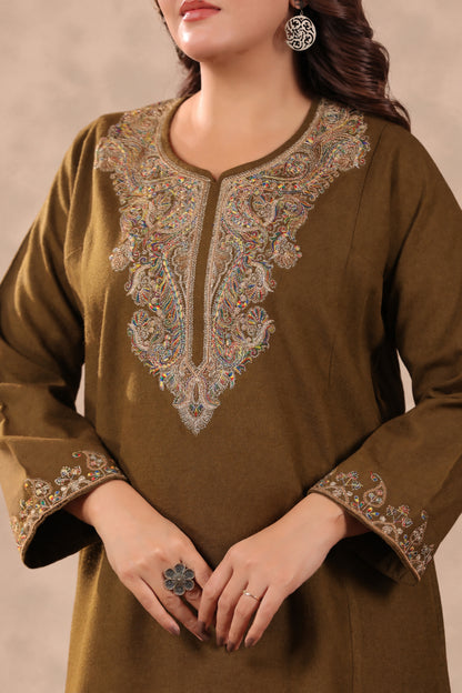 Zari & Multicolor Embroidery Kashmiri Pheran | Tobacco Brown - view 6