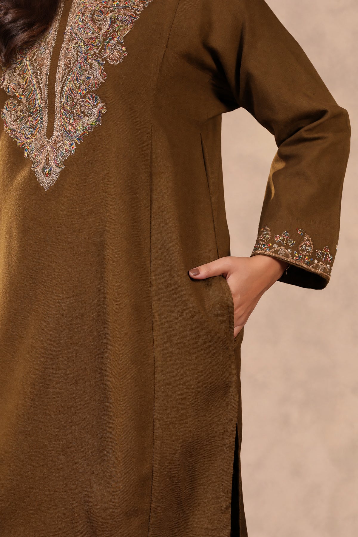 Zari & Multicolor Embroidery Kashmiri Pheran | Tobacco Brown - view 7