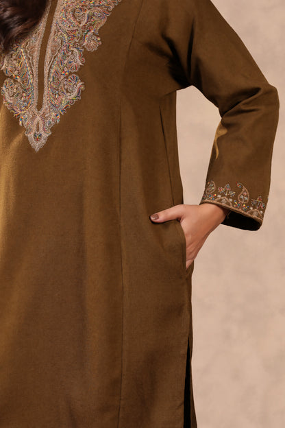 Zari & Multicolor Embroidery Kashmiri Pheran | Tobacco Brown - view 7