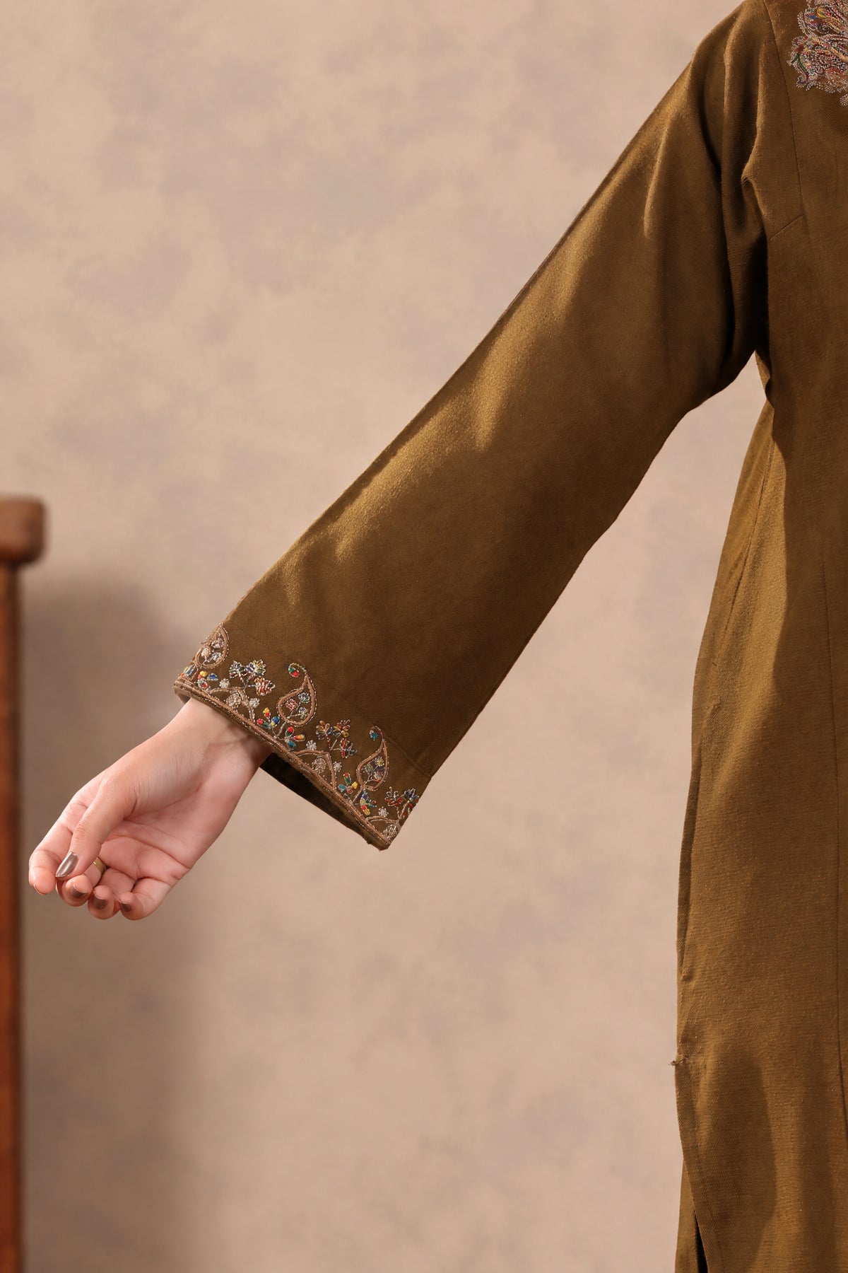 Zari & Multicolor Embroidery Kashmiri Pheran | Tobacco Brown - view 8