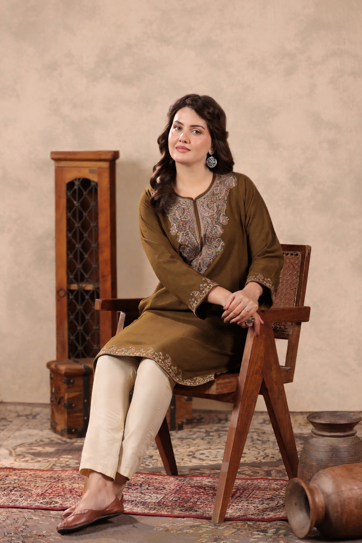 Zari & Multicolor Embroidery Kashmiri Pheran | Tobacco Brown - view 9
