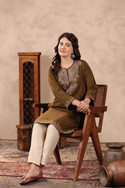 Zari & Multicolor Embroidery Kashmiri Pheran | Tobacco Brown - view 9